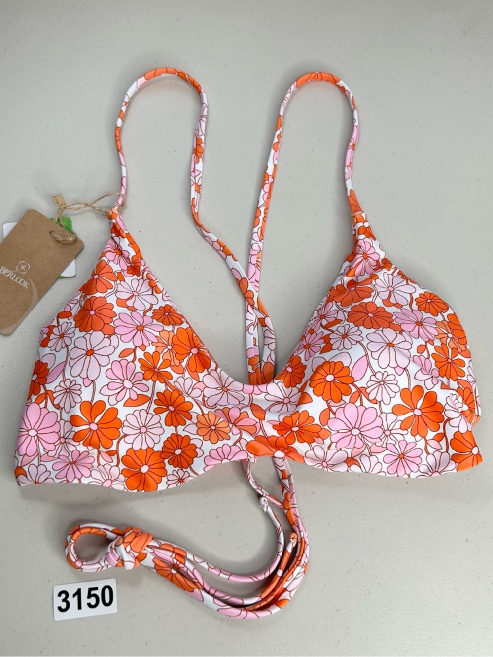 Berlook Bikini Top XL Orange Floral Backless Swimwear